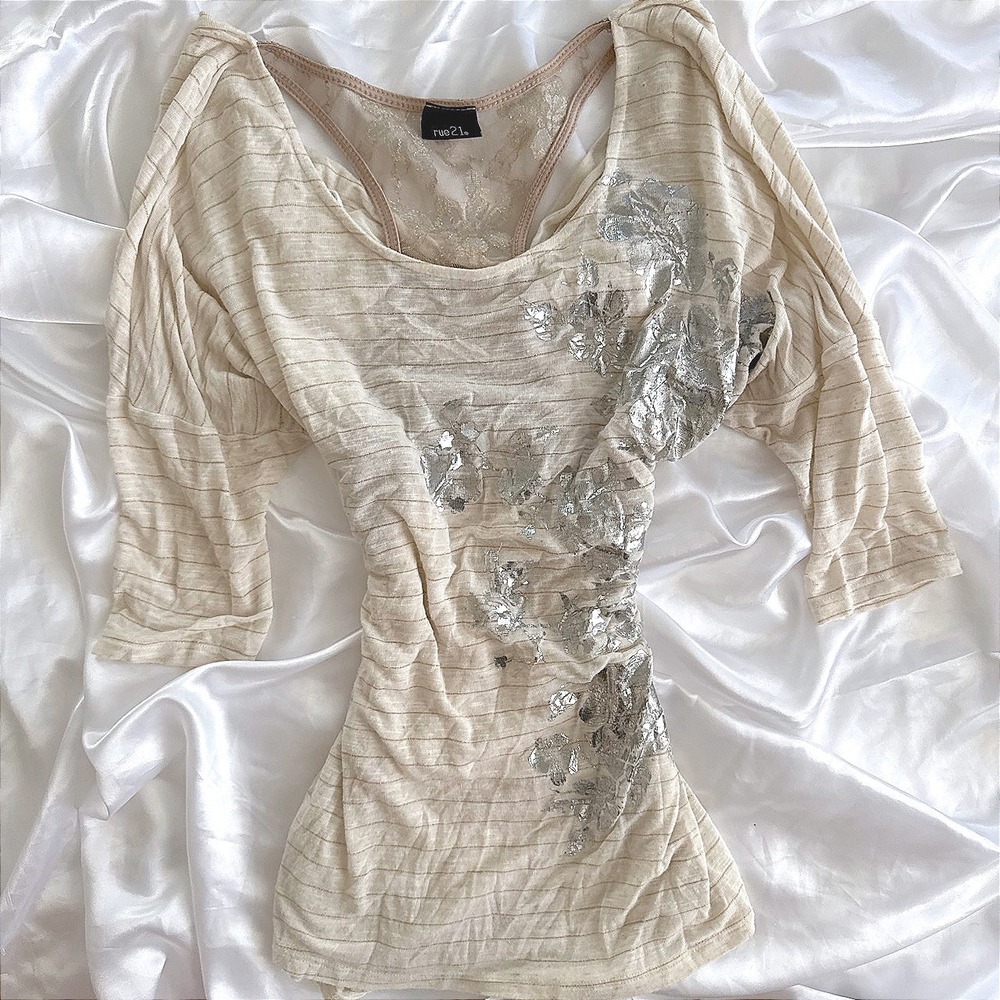 Rue21 Cream Silver Striped Lace Racerback Layered Top Floral Foil Large